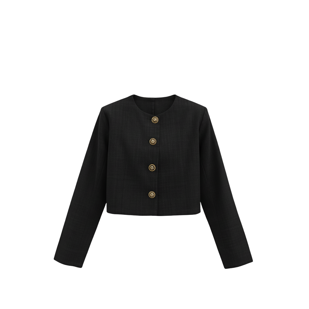 Minimal RoundNeck Cropped Blazer Gold Button Front