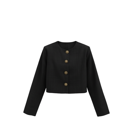 Minimal RoundNeck Cropped Blazer Gold Button Front