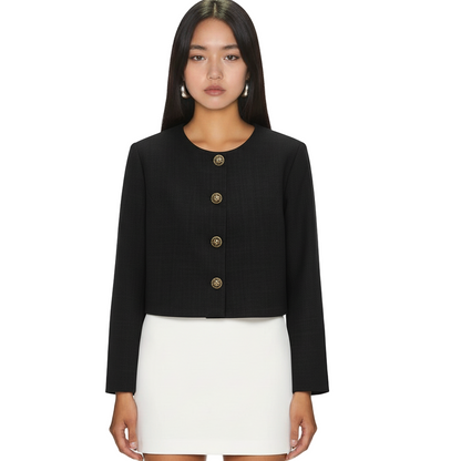Minimal RoundNeck Cropped Blazer  Gold Button Front
